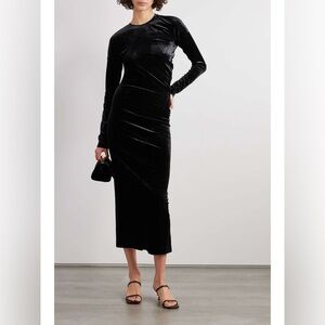 TOTEME Gathered stretch-velvet midi dress XS black